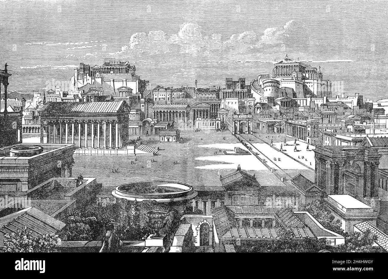 Un'illustrazione del Foro e della capitale di Roma alla fine del XIX secolo durante l'Impero Romano. L'Impero fu il periodo post-repubblicano dell'antica Roma. Comprendeva grandi partecipazioni territoriali intorno al Mar Mediterraneo in Europa, Nord Africa e Asia occidentale governate da imperatori. Dall'adesione di Cesare Augusto all'anarchia militare del III secolo, fu un principato con l'Italia come metropole delle province e la città di Roma come capitale unica (27 a.C. – 286 d.C.). Foto Stock