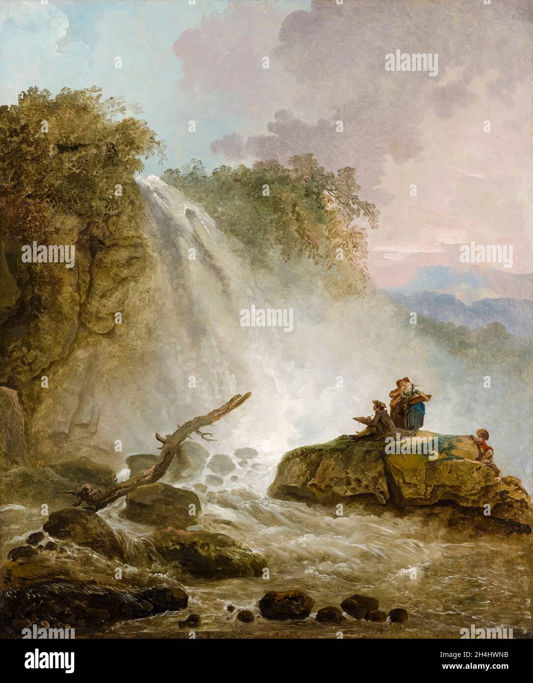 Hubert Robert, cascata con disegno artista, pittura di paesaggio, prima del 1808 Foto Stock