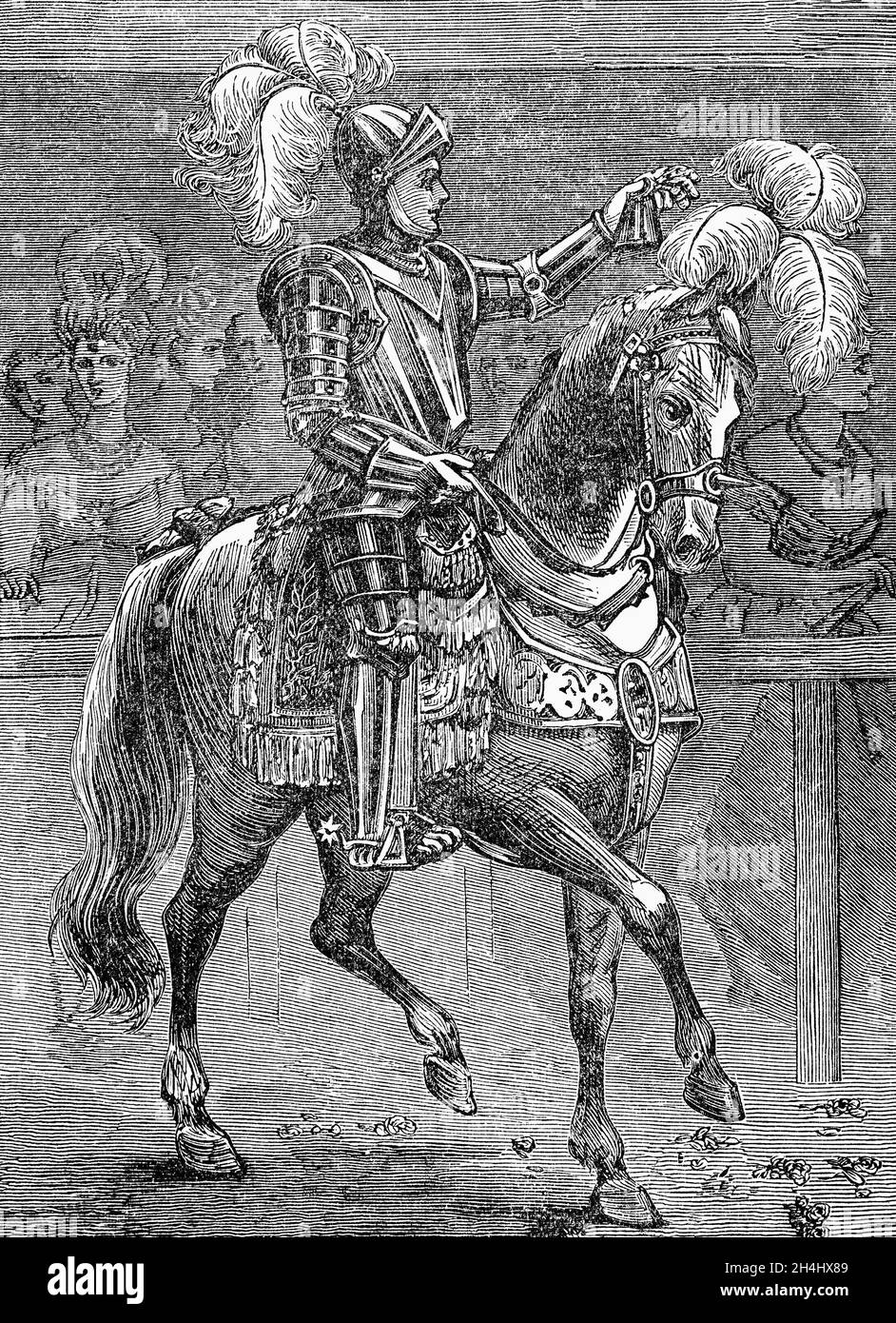 Un'illustrazione del tardo 19 ° secolo di un cavaliere in armatura a piastra piena. Sono diventati una figura iconica dell'età medievale, durante la quale servirono come guerrieri d'élite, mercenari o guardie del corpo ai loro signori. Erano abili nel combattimento a corpo e nel combattimento a cavallo. Foto Stock