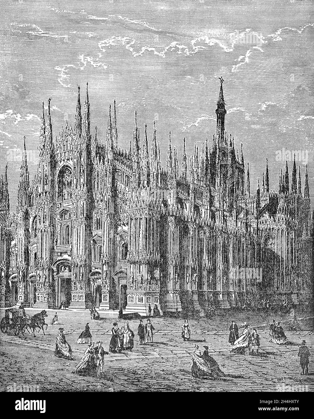 Un'illustrazione di fine Ottocento del Duomo di Milano, noto anche come Duomo di Milano, la chiesa cattedrale di Milano, Lombardia, Italia. Dedicata alla Natività di Santa Maria, è sede dell'arcivescovo di Milano. La cattedrale impiegò quasi sei secoli per completarla: La costruzione iniziò nel 1386, e i dettagli finali furono completati nel 1965 per renderlo la chiesa più grande d'Italia. Foto Stock