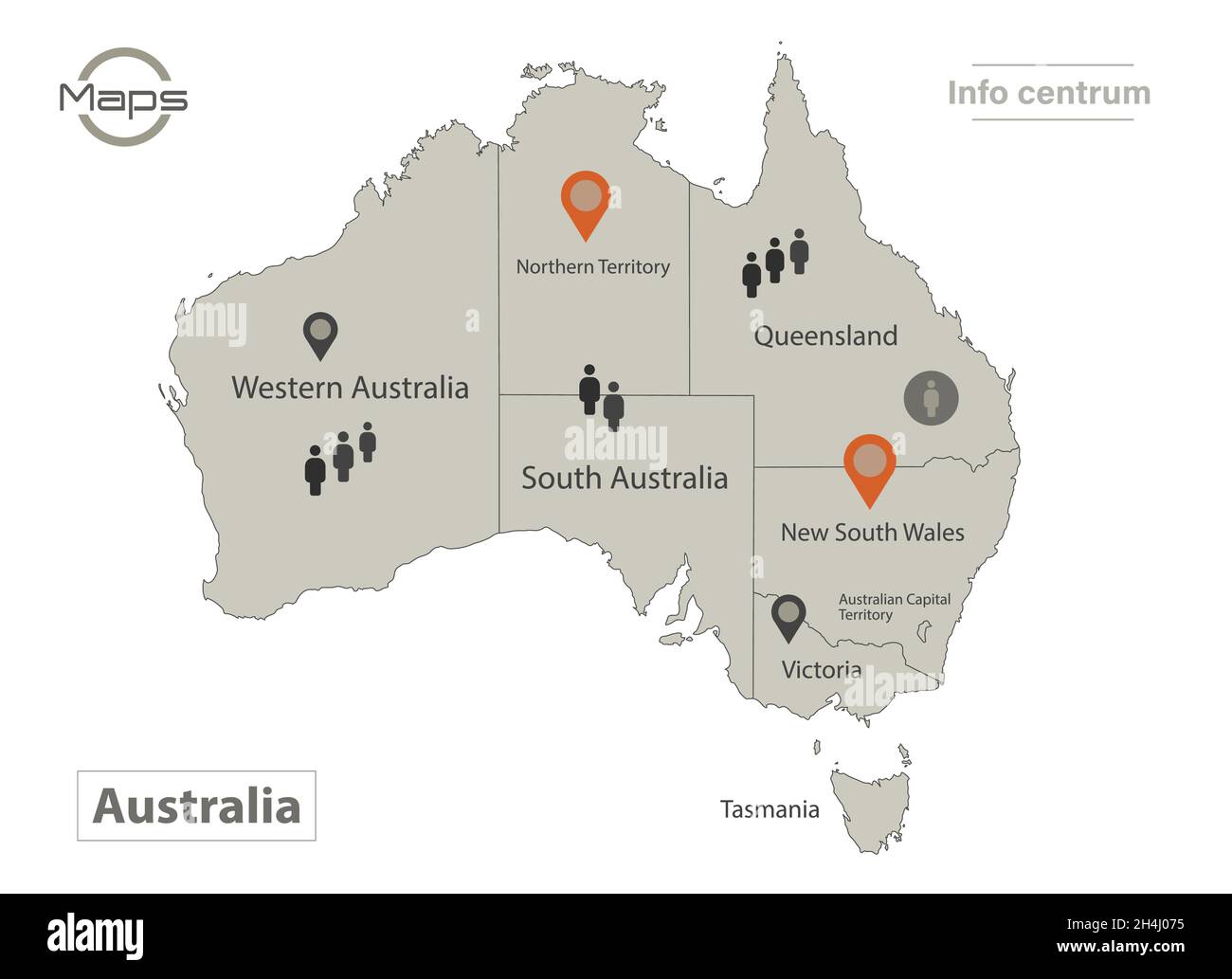 Australia mappa, singole regioni con nomi, infografica e icone vettore Illustrazione Vettoriale
