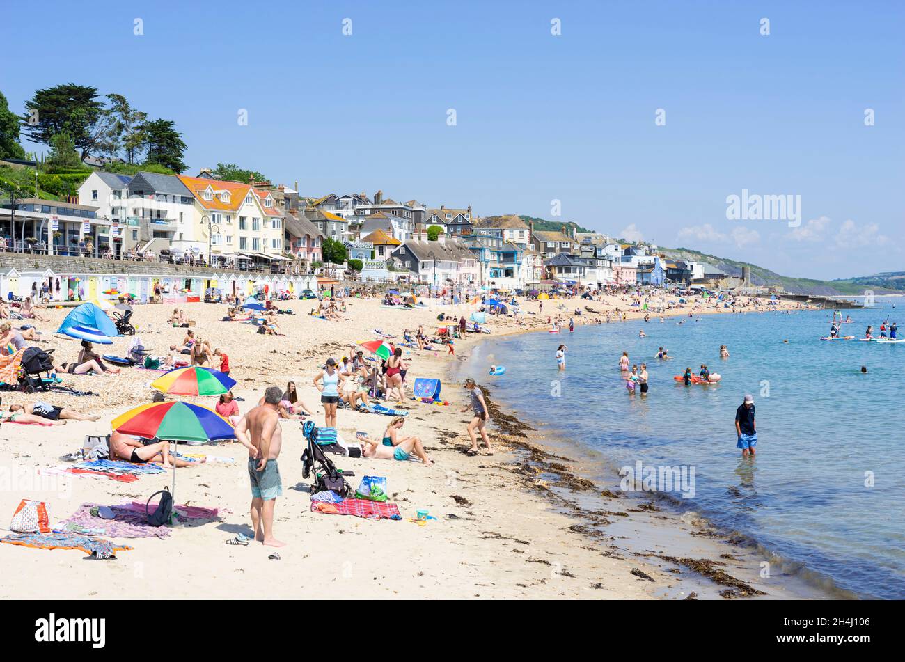Famiglie sulla spiaggia con pop up tende sdraio ombrelloni e paddle board sulla spiaggia di sabbia a Lyme Regis Dorset Inghilterra GB Europa Foto Stock