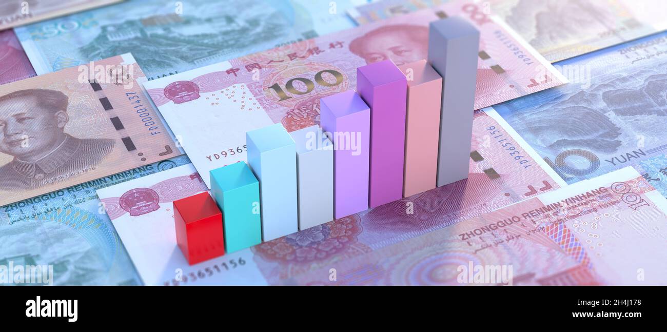 Analisi del mercato dell'economia cinese. Barre statistiche su Yuan renminbi banconote sfondo. illustrazione 3d Foto Stock