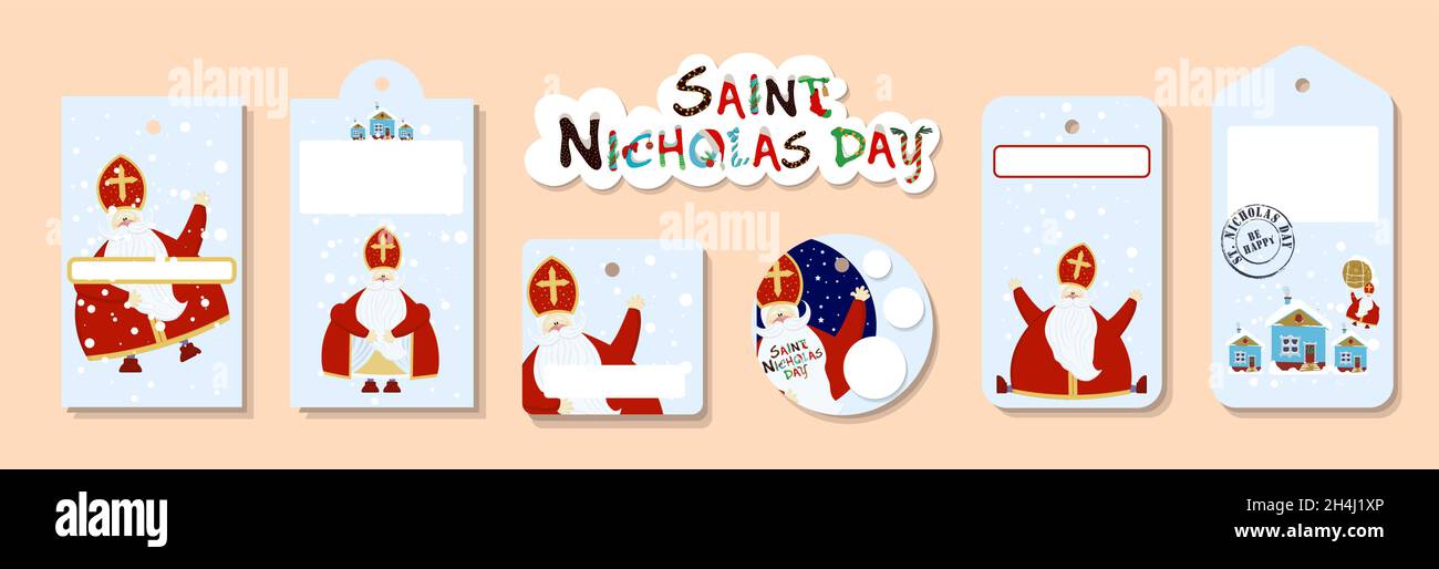 Cartellini di prezzo o cartellini regalo di varie forme. Set di adesivi per il giorno di San Nicola. San Nicola Day, Mikulas, Sinterklaas Ev Illustrazione Vettoriale