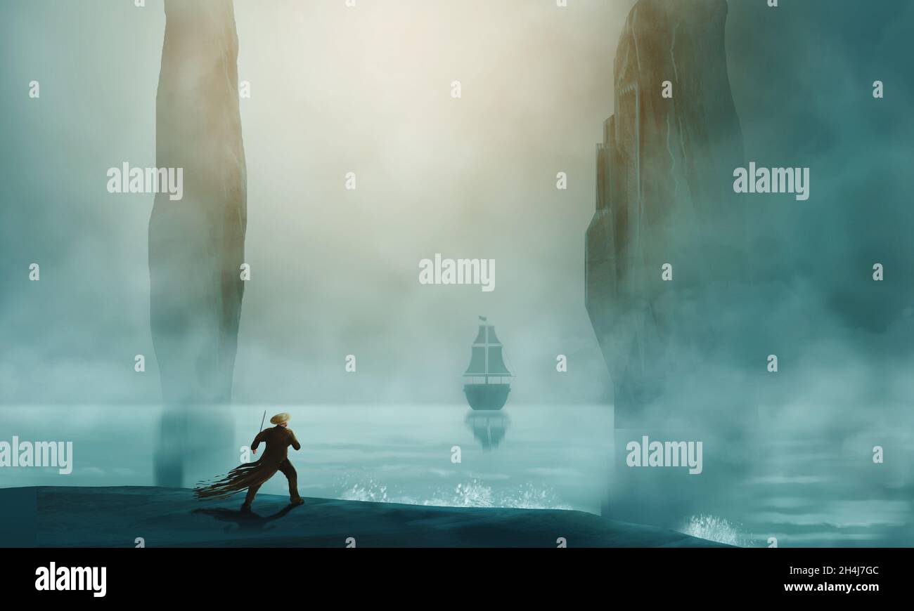Uomo pirata in cappotto e cappello in piedi sulla roccia. Colonne di montagna e silhouette della nave riflesse sulla superficie del mare. Vela, pittura di avventura, rendering 3D Foto Stock