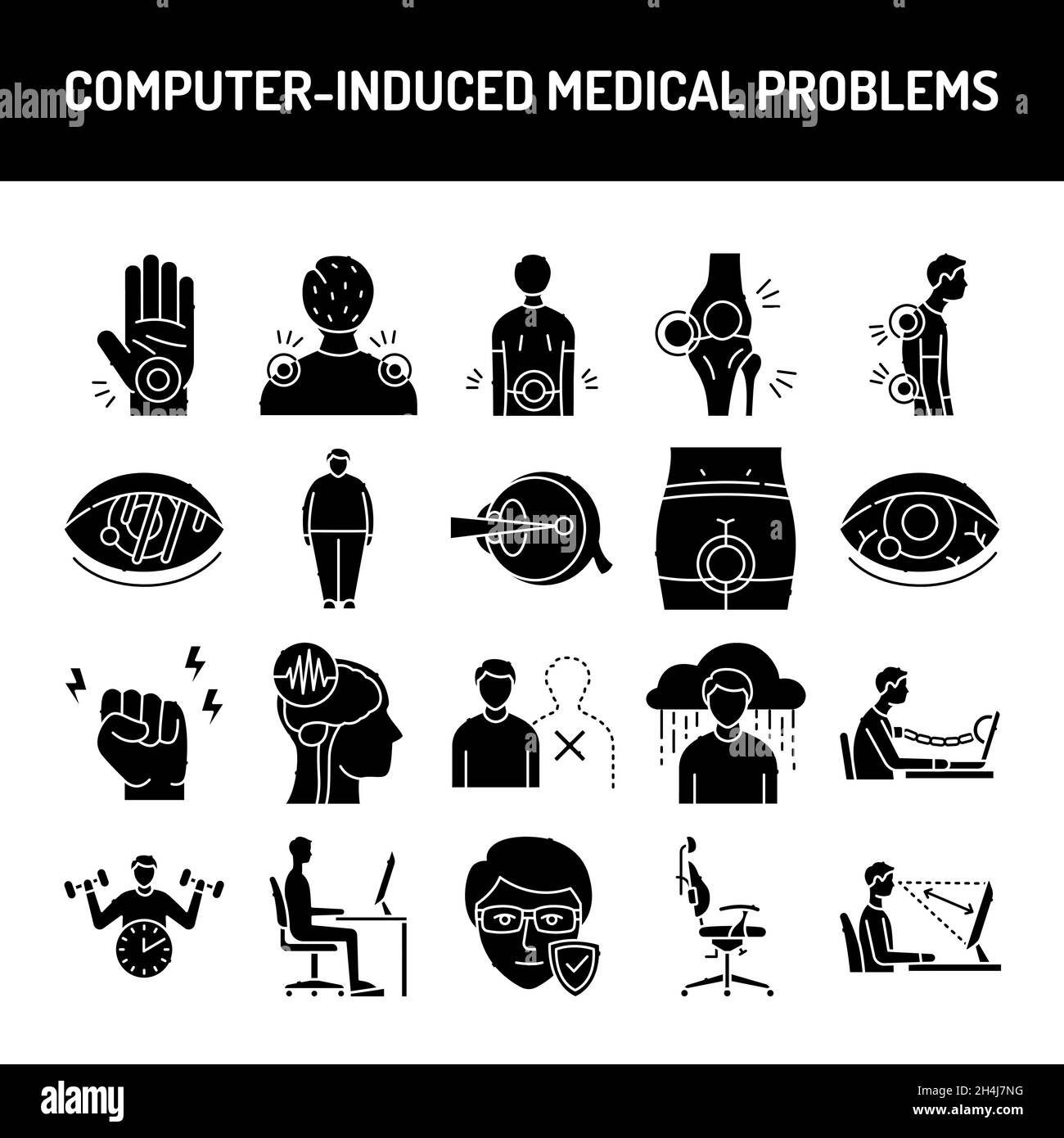 Set di icone di riga per problemi medici indotti dal computer. Elemento vettoriale isolato. Pittogrammi di contorno per pagina web, app mobile, promo. Tratto modificabile. Illustrazione Vettoriale