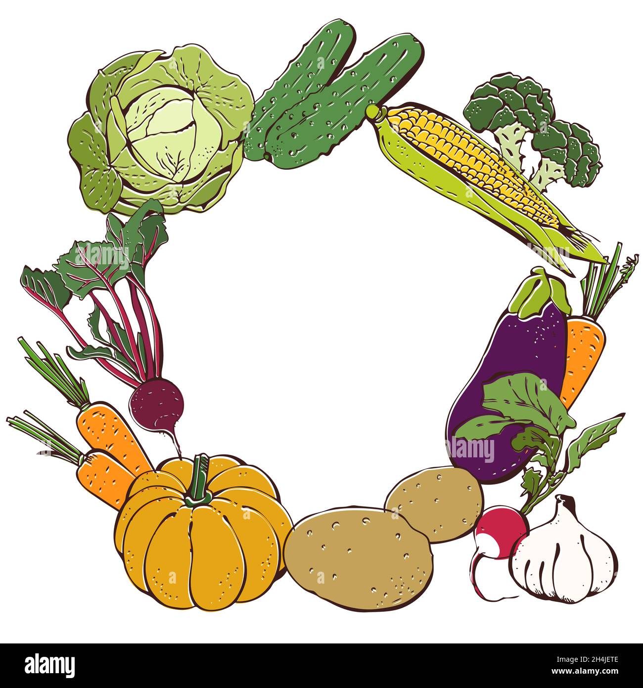 Set vettoriale di verdure, raccolta di verdure disegnate a mano, sfondo di cibo Illustrazione Vettoriale