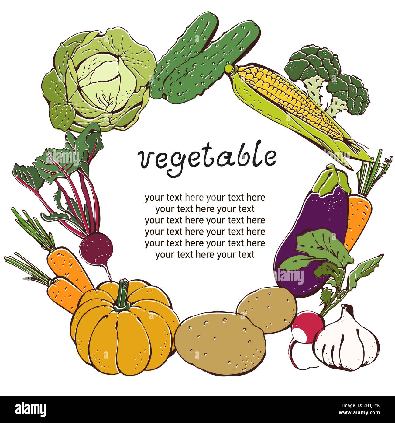 Set vettoriale di verdure, raccolta di verdure disegnate a mano, sfondo di cibo Illustrazione Vettoriale