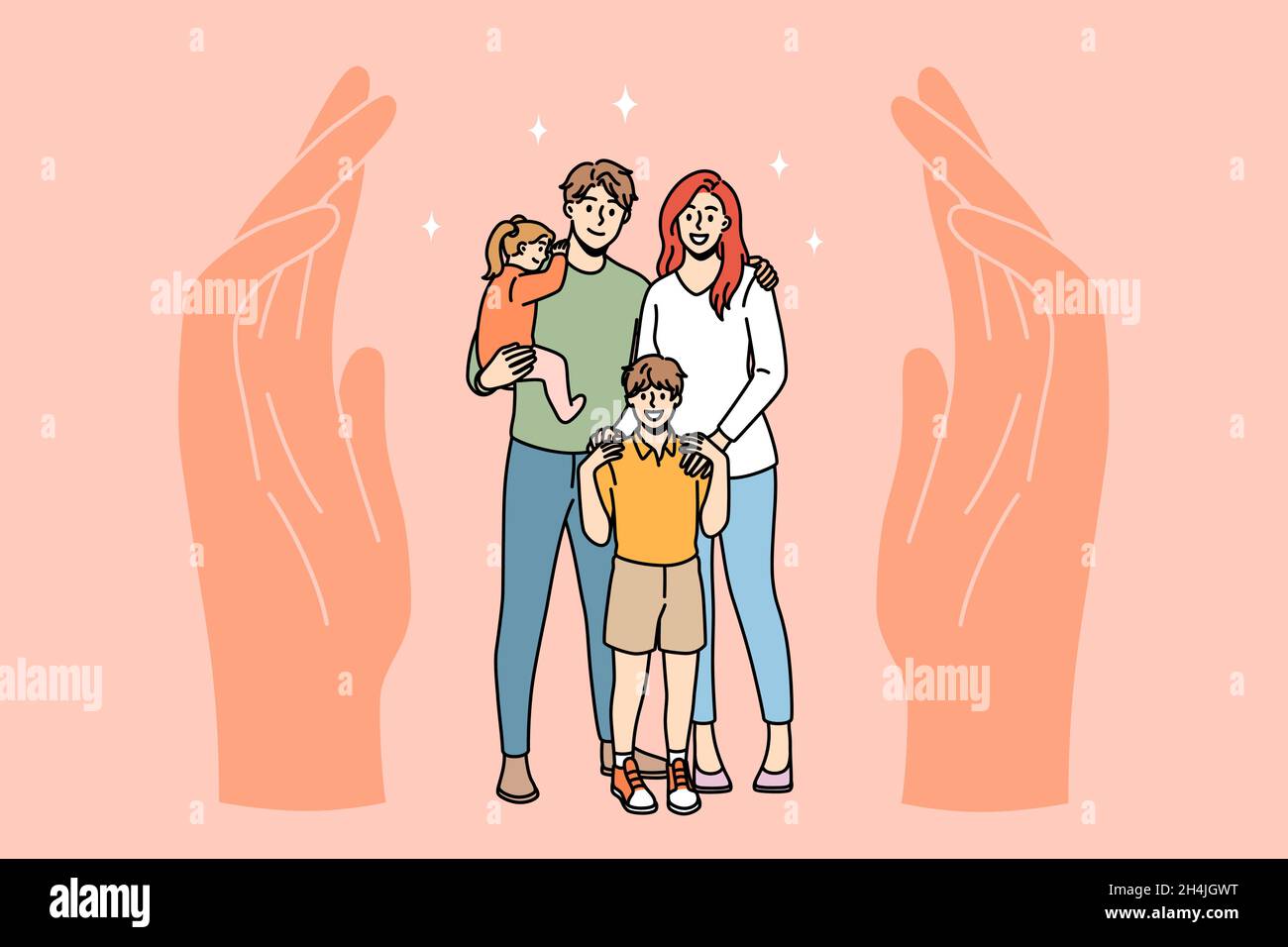 Concetto di protezione e cura della famiglia. Felice famiglia sorridente padre madre e bambini in piedi con le mani umane proteggendoli sui lati illustrazione vettoriale Illustrazione Vettoriale