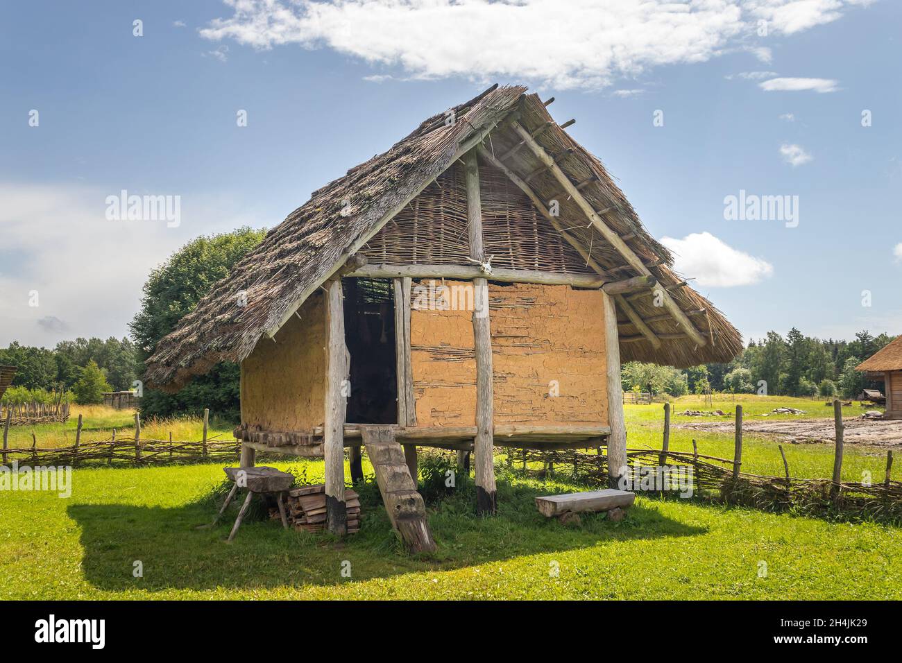 Casa Celtic elevata costruita su palafitte con tetto paglia al museo all'aperto Celtic a Nasavrky, repubblica Ceca Foto Stock