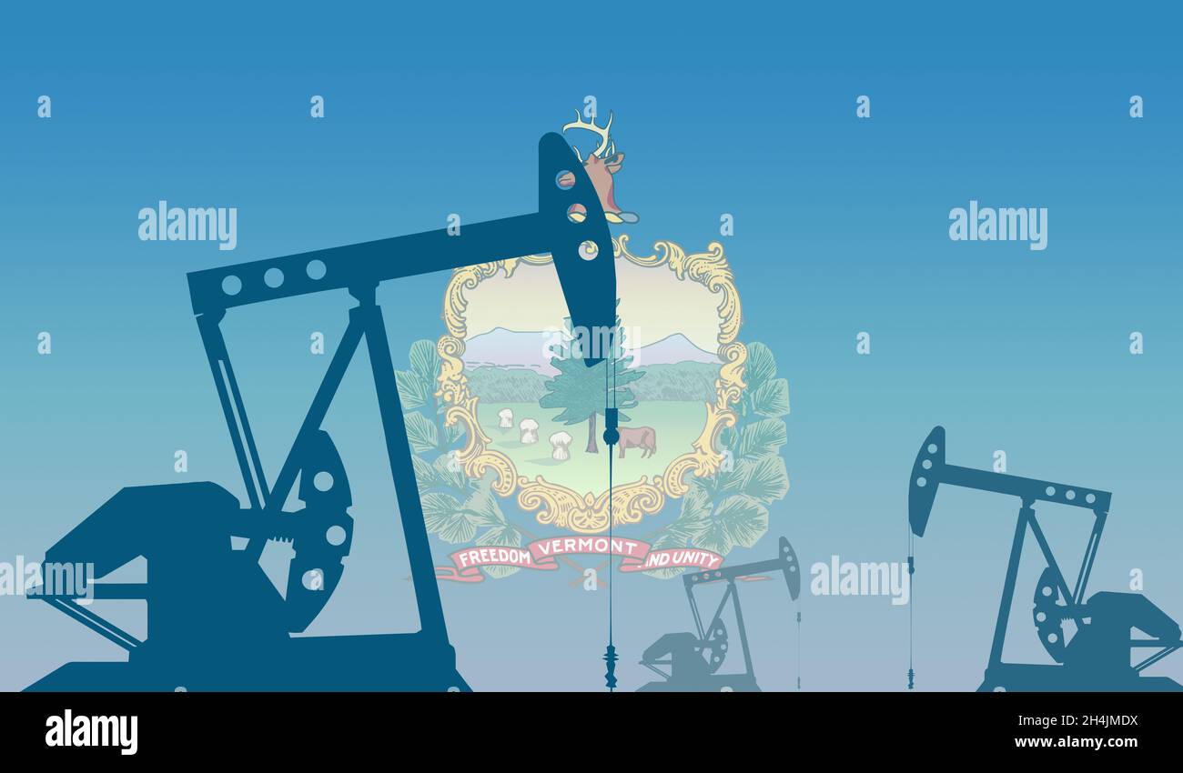 Silhouette della pompa dell'olio contro la bandiera dello stato del Vermont USA. Petrolio greggio e gas di grado di estrazione. Concetto di giacimenti petroliferi e società petrolifere, idrocarburi mar Foto Stock
