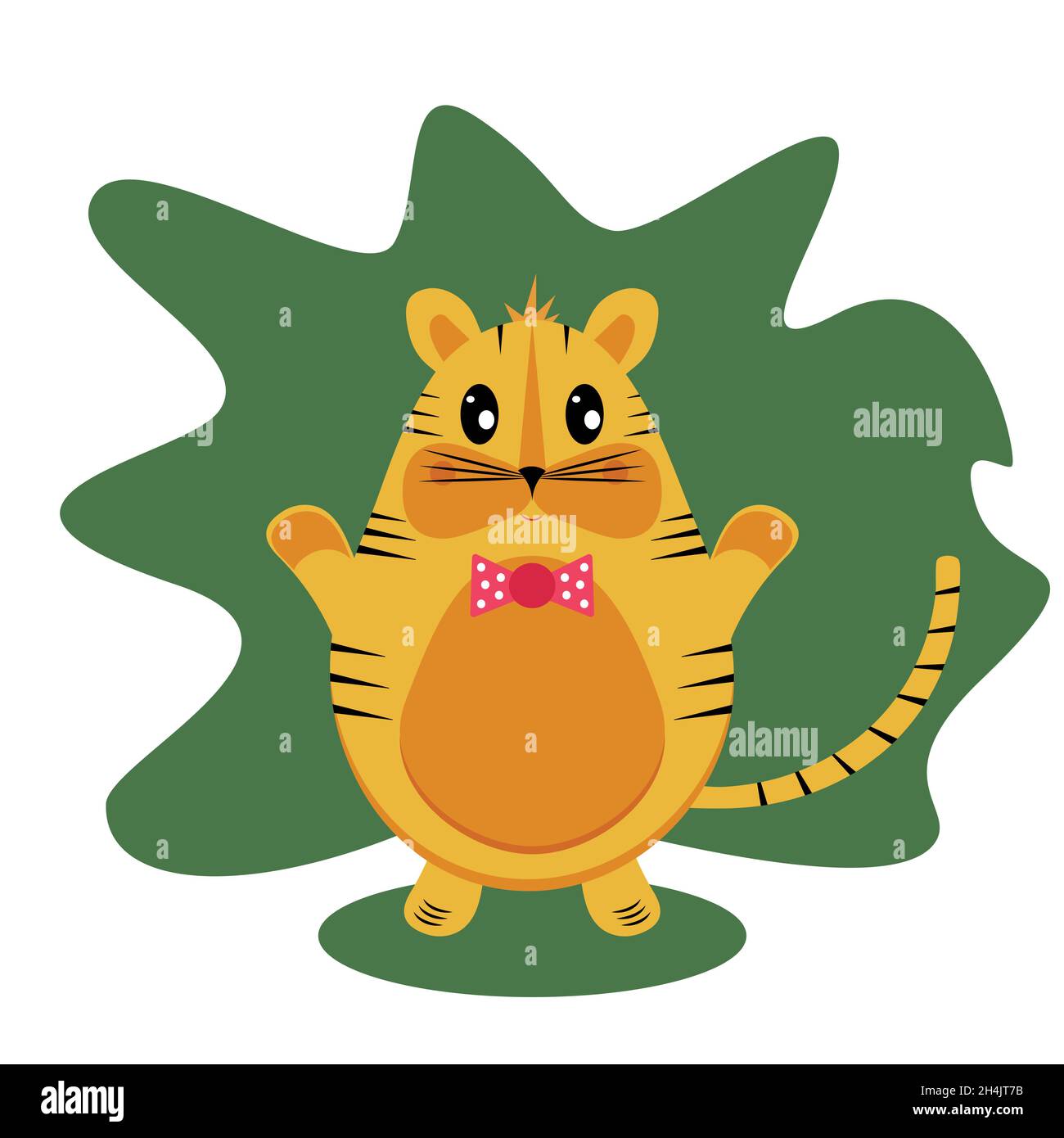 Tigre in forma di uovo, con un bow cravatta, sullo sfondo di una foglia astratta di palma. Illustrazione vettoriale in stile piatto. Illustrazione Vettoriale