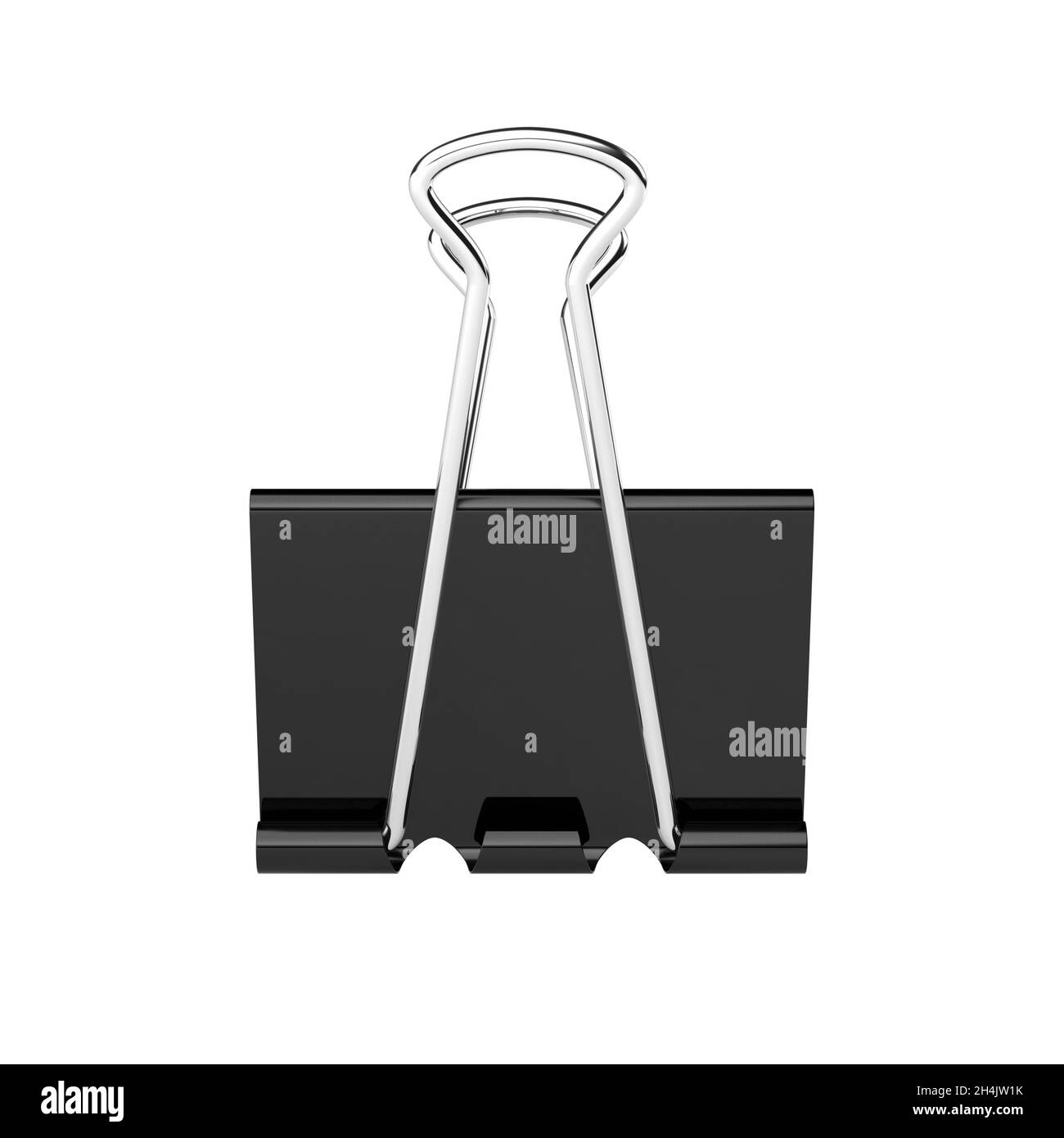 Clip per rilegatore nero su sfondo bianco. Clip pieghevole. Morsetto per carta. Illustrazione 3D. Foto Stock