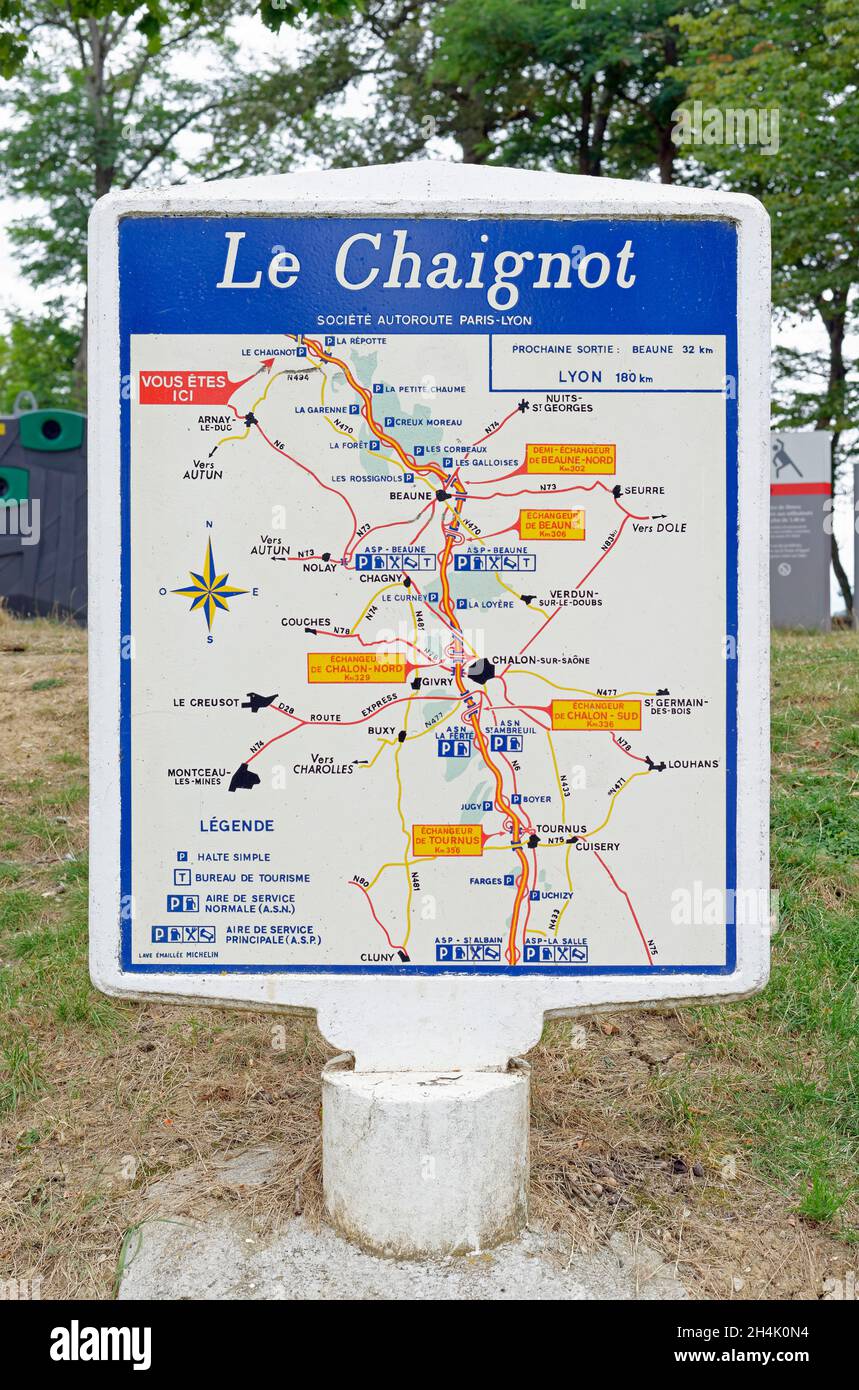 Francia, C?te-d'Or, autostrada A6, indicazione Michelin 1960 Foto Stock