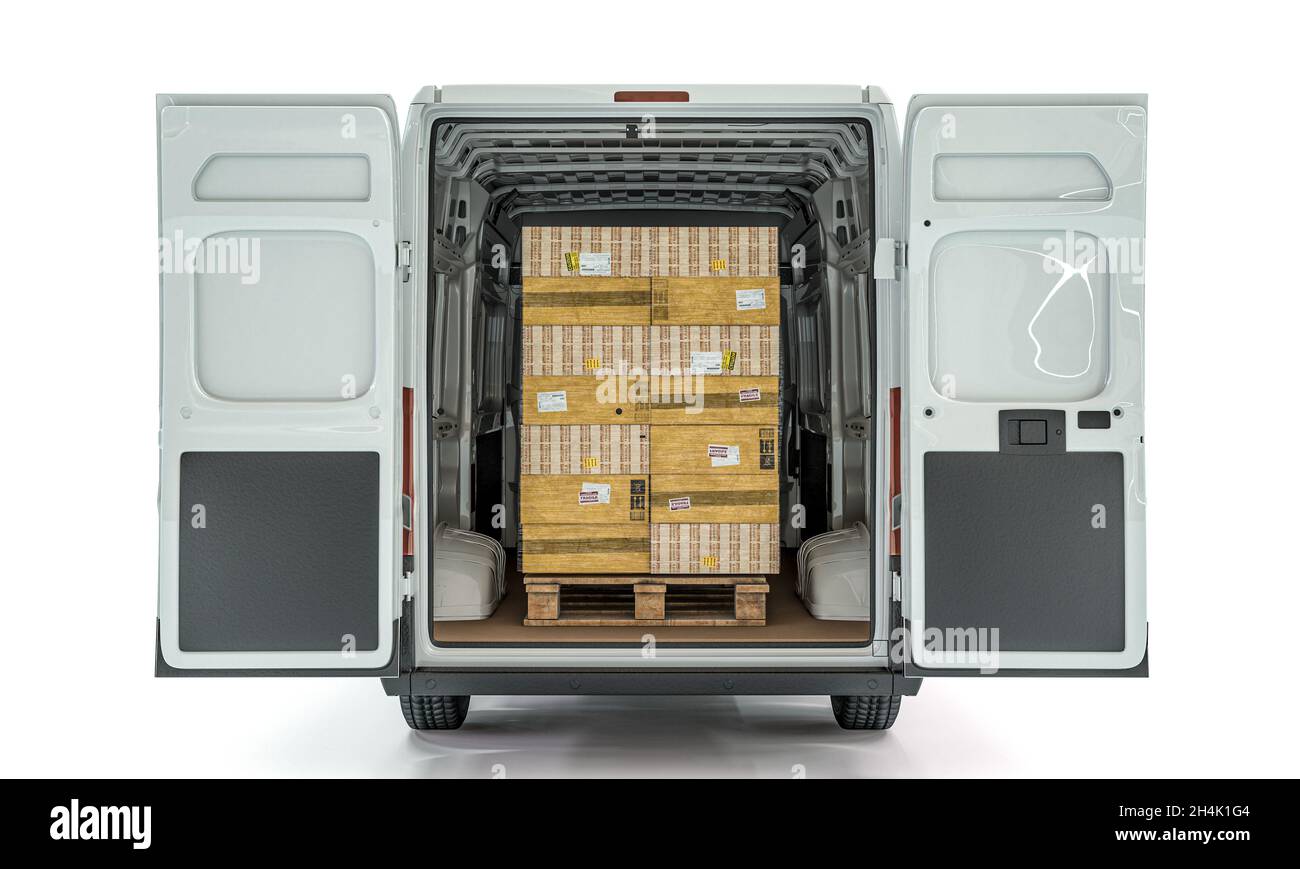 furgone da carico con pallet di merci all'interno. rendering 3d Foto Stock