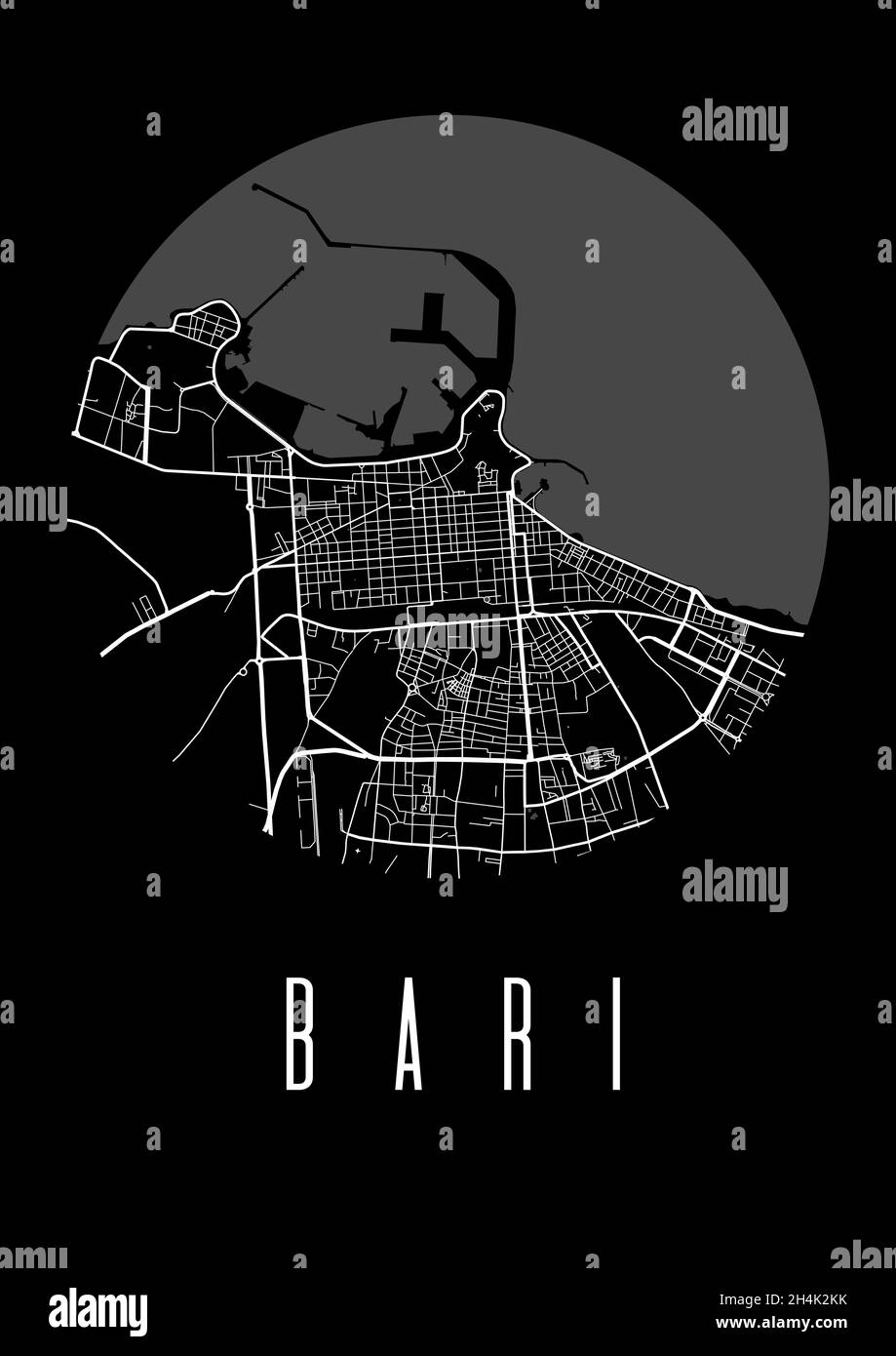 Cartografia Bari poster nero. Vista circolare rotonda, mappa stradale della città di Bari illustrazione A4. Paesaggio urbano area panorama silhouette vista aerea, tipografia Illustrazione Vettoriale