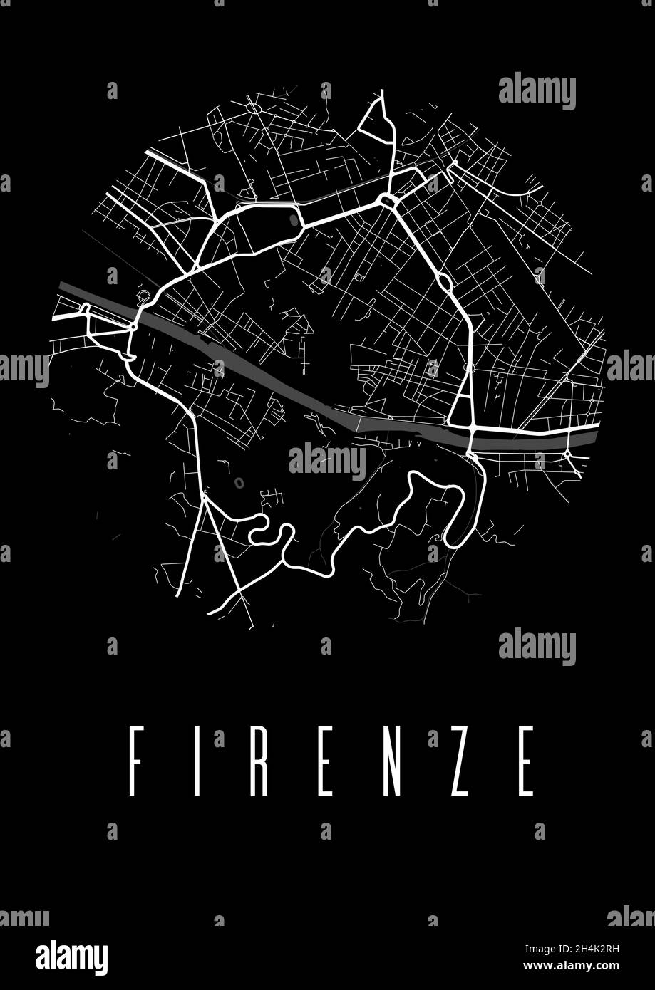 Cartografia di Firenze poster nero vettoriale. Vista circolare rotonda, mappa stradale della città di Firenze illustrazione A4. Paesaggio urbano area panorama silhouette vista aerea, Ty Illustrazione Vettoriale