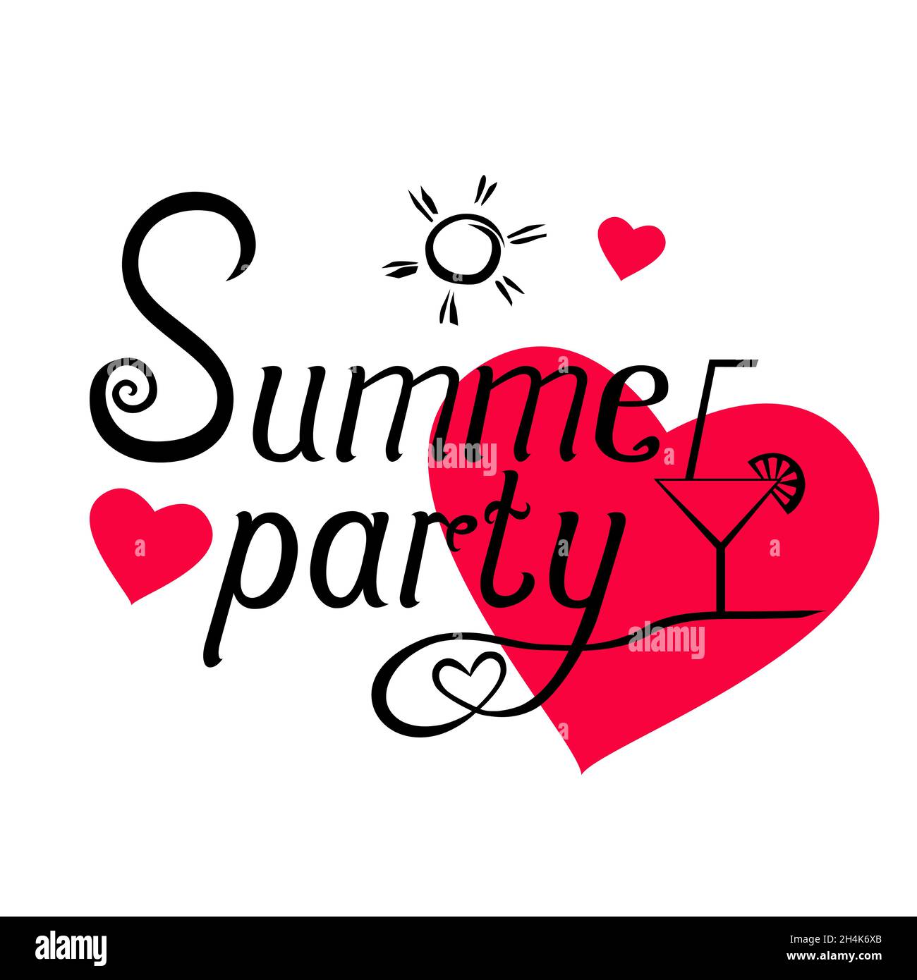 Scritta festa estiva con cocktail e sole su sfondo con cuori rosa. Preventivo scritto a mano per la progettazione di inviti, volantini, poster o banner. Illustrazione Vettoriale