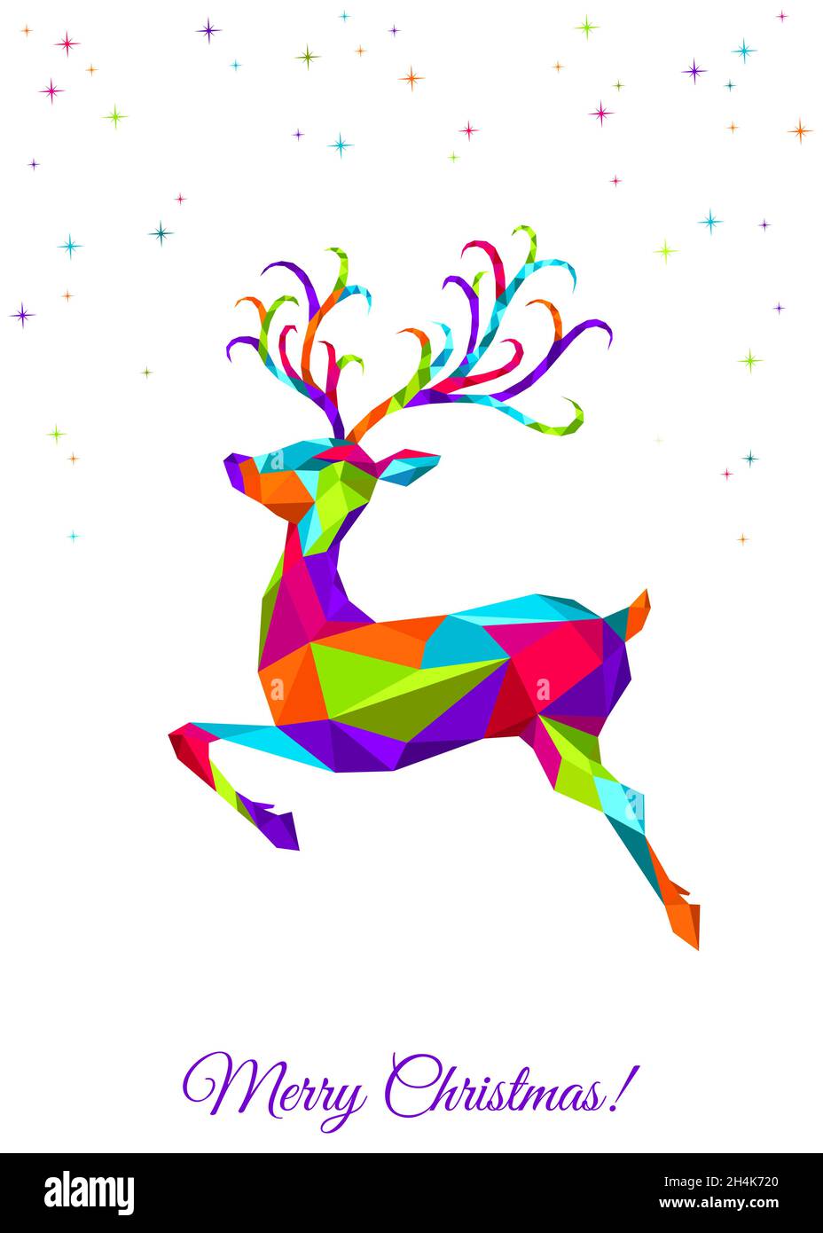 Astratto colorato basso politriangolo cervi natalizi su sfondo bianco. Renne da salto di Natale. Illustrazione vettoriale con animale selvatico in stile origami. Illustrazione Vettoriale