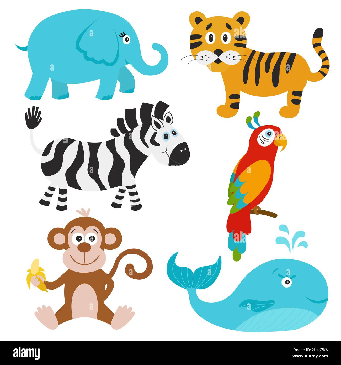 Collezione di animali carini. Elefante, tigre, zebra, pappagallo, balena, scimmia. Illustrazione vettoriale. Illustrazione Vettoriale