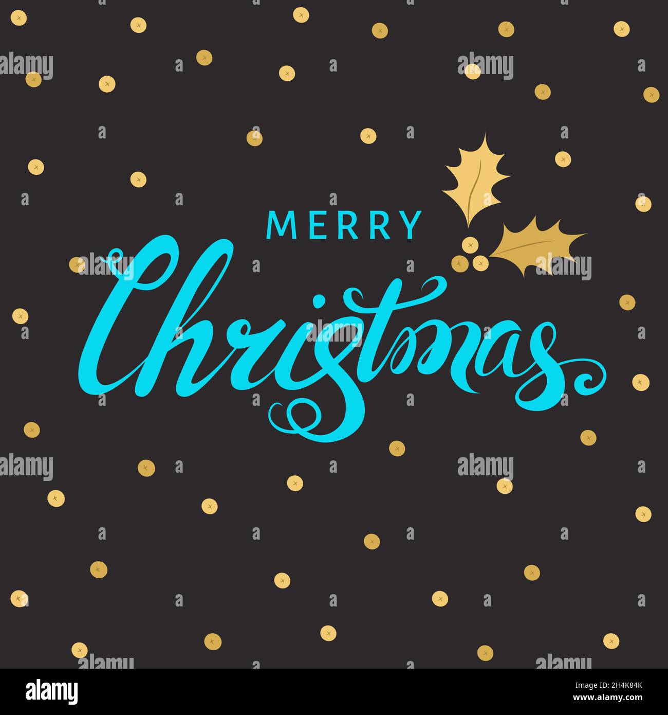 Scritta a mano blu di Natale con rametto d'oro di agrifoglio con bacche e foglie su sfondo nero. Biglietto di auguri vettoriale. Illustrazione Vettoriale