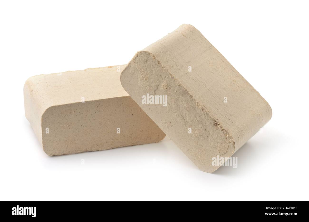 Due bricchetti di polvere di legno pressati isolati su bianco Foto Stock