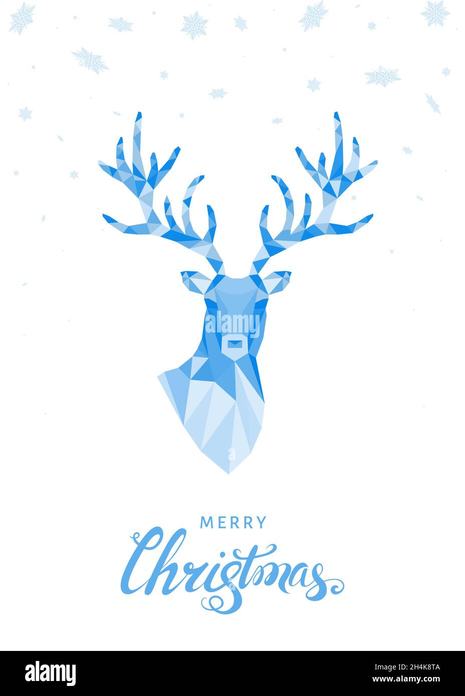 Testa a cervi a triangolo in polietilene bassa. Biglietto di auguri natalizio con renna blu isolata su sfondo bianco con fiocchi di neve. Illustrazione vettoriale in origami Illustrazione Vettoriale