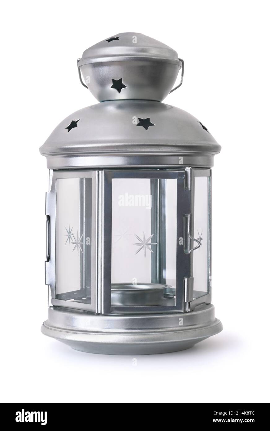 Vista frontale della lanterna di candela in metallo argentato isolata su bianco Foto Stock