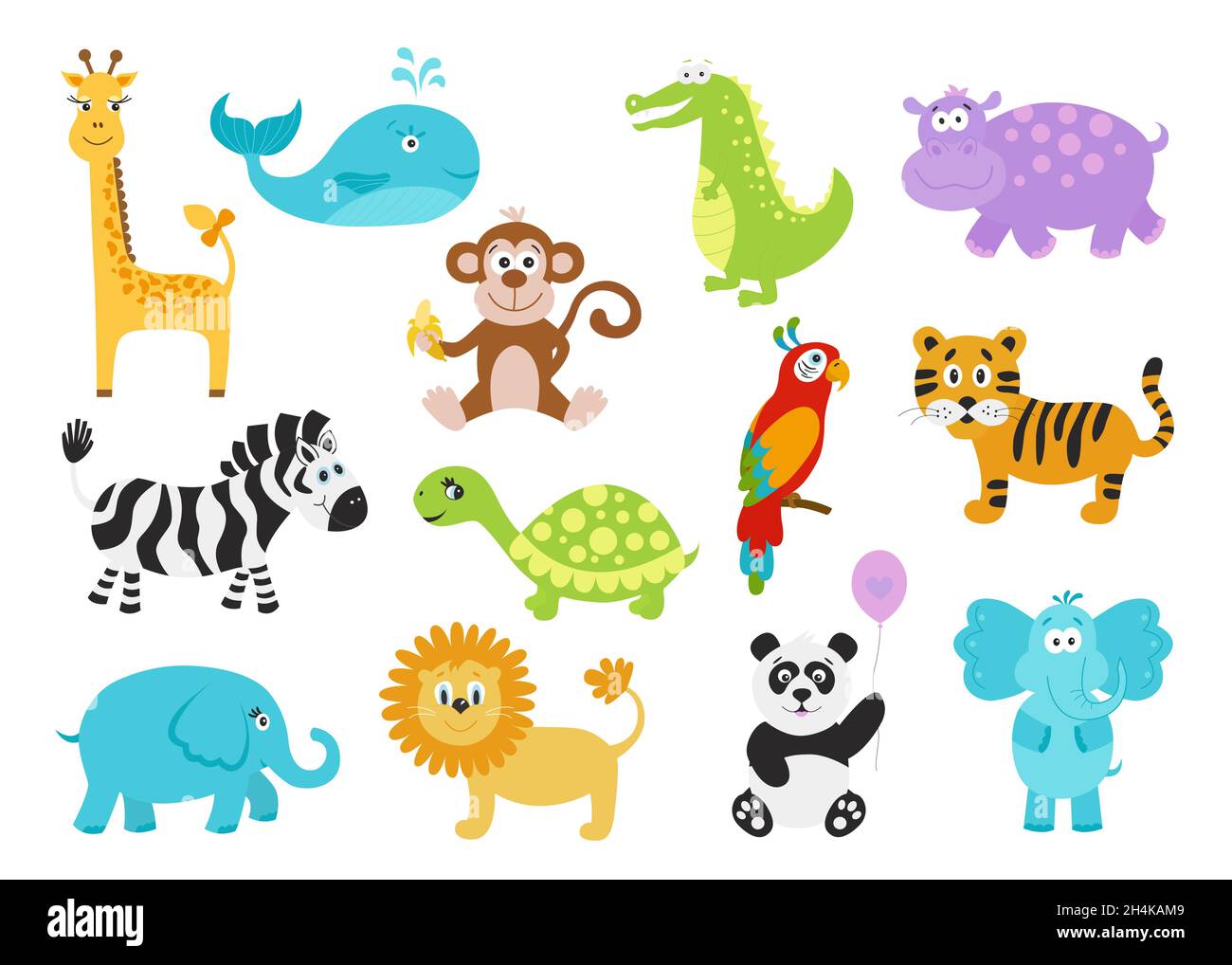 Set di animaletti carini per i prodotti per bambini. Giraffa, coccodrillo, elefante, ippopotamo, panda, leone, tartaruga; tigre; zebra; pappagallo; balena; scimmia. IC divertente Illustrazione Vettoriale