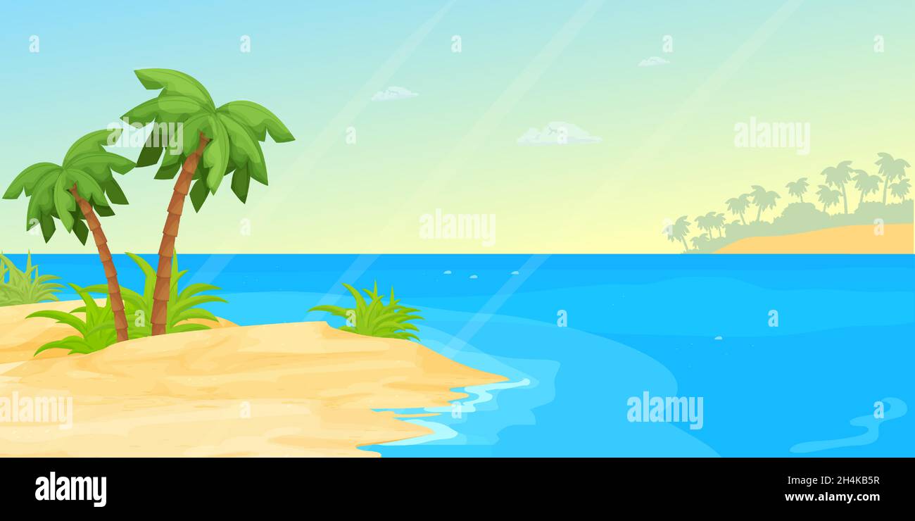 Spiaggia tropicale con mare, sabbia in stile cartoon. Banner orizzontale, vacanza estiva costa esotica. Scena calma e rilassante. Illustrazione vettoriale Illustrazione Vettoriale