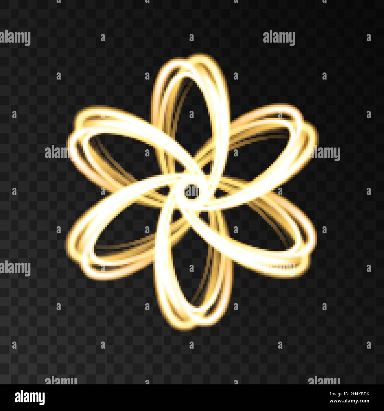 Oro astratto fiore isolato su sfondo scuro. Traccia effetto luce vettoriale. Logo Golden neon per cosmetici, moda, eco, bio-azienda, yoga o spa Illustrazione Vettoriale