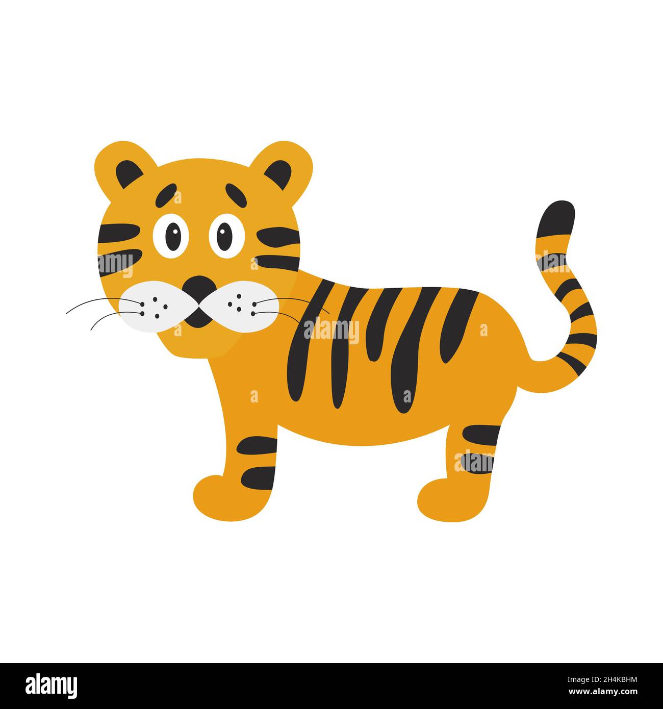 Cartoon carino tigre. Divertente disegno flat vettoriale per libri per bambini, poster, vestiti, carte alfabetiche. Illustrazione Vettoriale