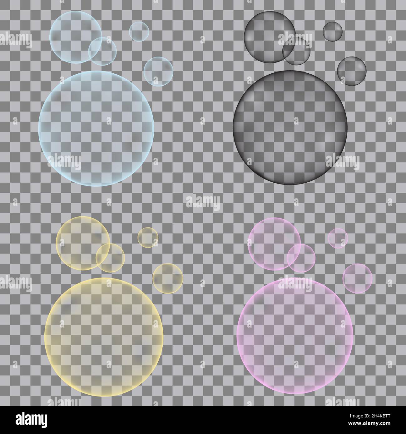 Bolle d'ossigeno frizzante in acqua frizzante. Blu, giallo, rosa, nero scintilla su sfondo trasparente. Tessuto vettoriale per acquario, drin di soda Illustrazione Vettoriale