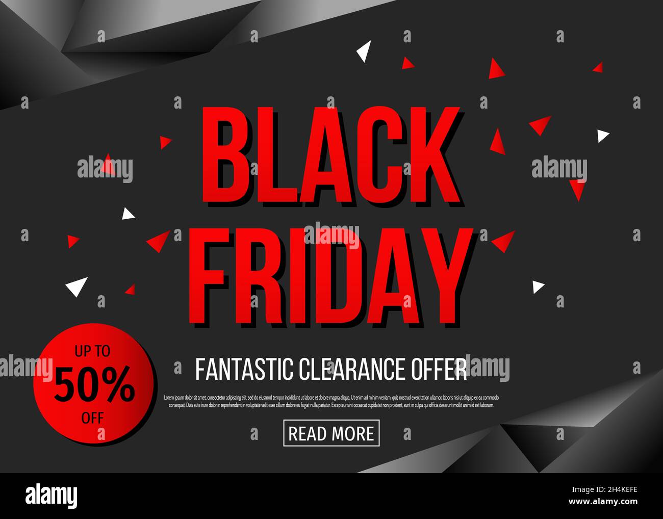 Modello poster vendita Black Friday con testo rosso . Super sconto e fantastico banner offerta di liquidazione: 50% di sconto. Sfondo dell'illustrazione vettoriale. Illustrazione Vettoriale