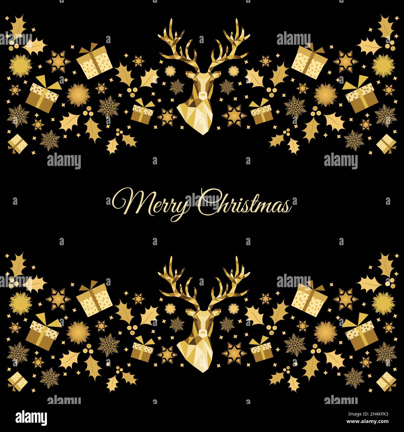 Decorazione dorata di Natale. Felice anno nuovo background. Oro Xmas testa di renna. Modello vettoriale per biglietto di auguri. Illustrazione Vettoriale