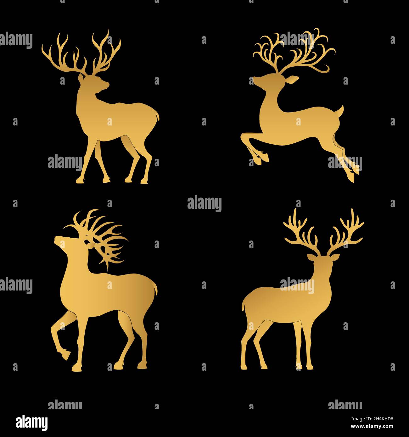 Collezione di silhouette dorate di daini di Natale isolate su sfondo nero. Renne di Natale d'oro. Illustrazione vettoriale. Illustrazione Vettoriale