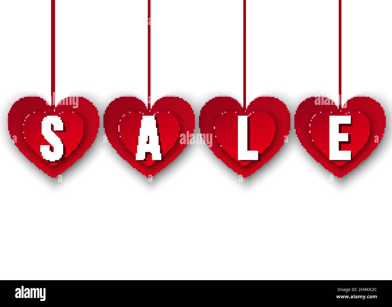 Banner vendita giorno San Valentino. I cuori di carta tagliati di rosso appesi su sfondo bianco. Sconto e offerta speciale. Modelli vettoriali. Illustrazione Vettoriale