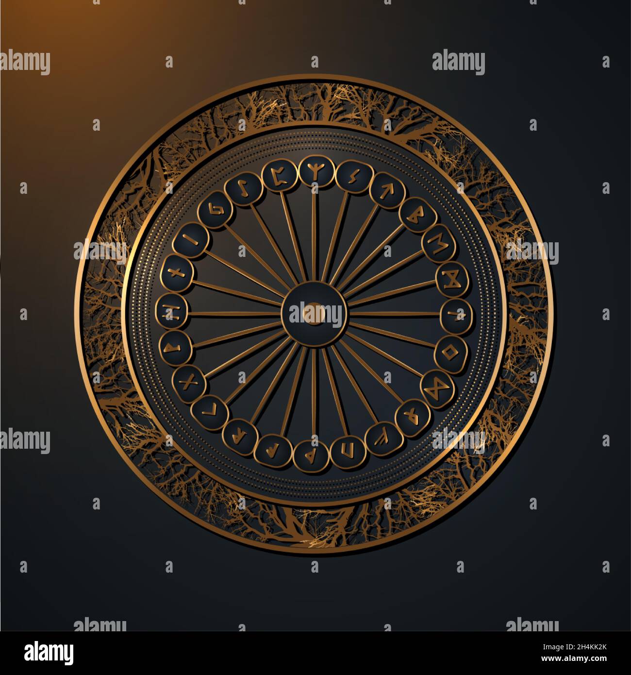 Set di vecchi cerchi in rune norse. Oro Runic ruota alfabeto, Roots telaio, Futhark. Lettere vichinghe antiche occulte, font rune. Bussola sacra d'oro Vecchia Illustrazione Vettoriale