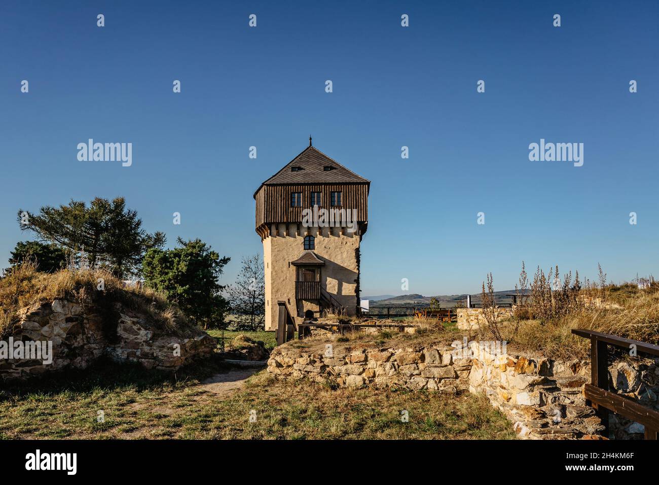 Vista delle rovine del castello di Hartenstejn nella Boemia occidentale, Repubblica Ceca. Castello medievale tardo gotico situato su collina prominente. Vista della torre panoramica Foto Stock