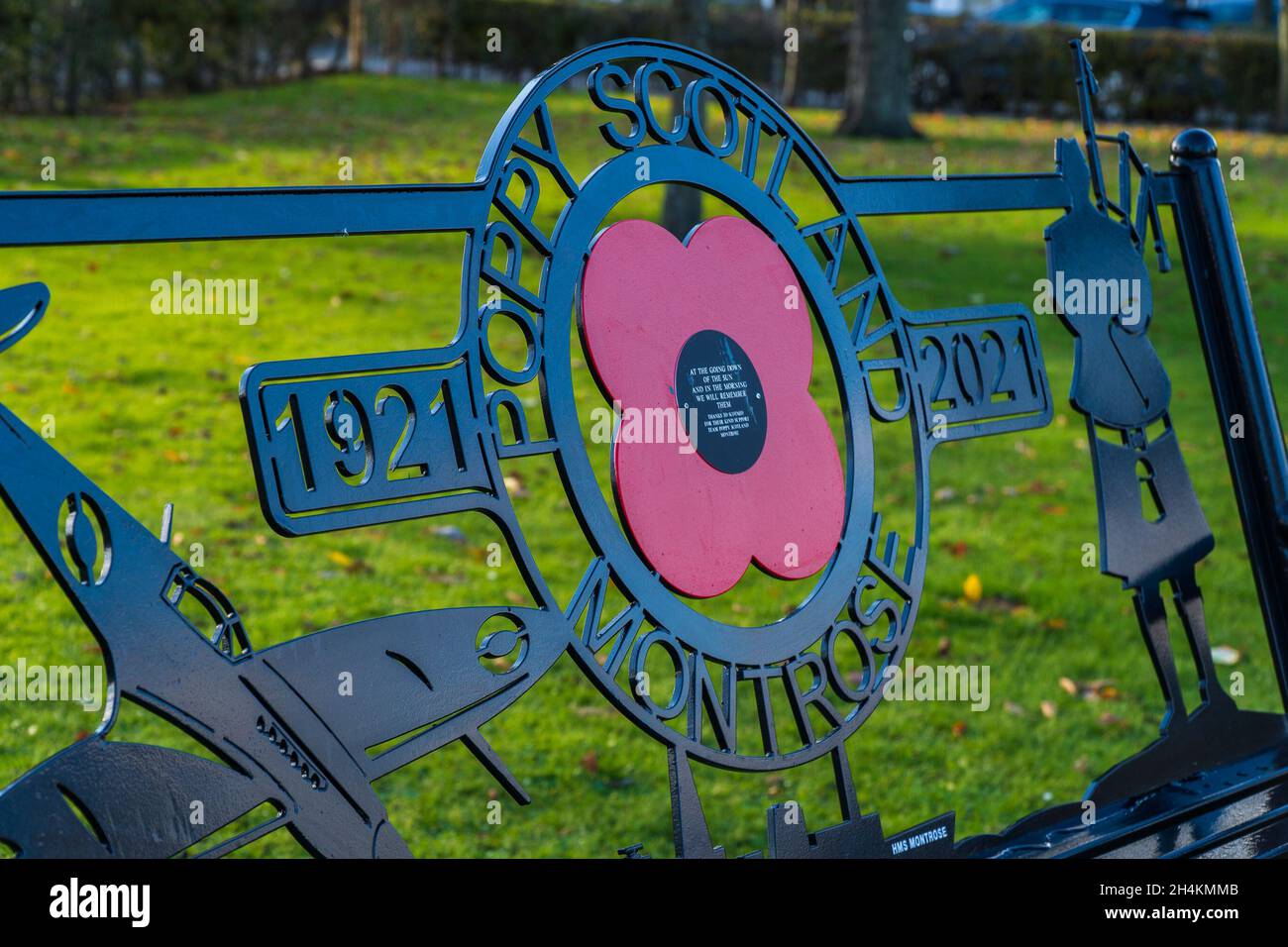 Cenotaph War Memorial, Montrose, Angus, Scozia, UK 3 novembre 2021: Il nuovo panch del Centenario Poppy è stato presentato al Cenotaph di Montrose il 28 ottobre. Questo progetto è stato finanziato, progettato e prodotto localmente. Il gruppo “Poppy Scotland Montrose” era alla base del progetto. La nuova panchina, completa la panchina esistente presso il memoriale di guerra di Cenotaph. Credit: Barry Nixon/Alamy Live News Foto Stock