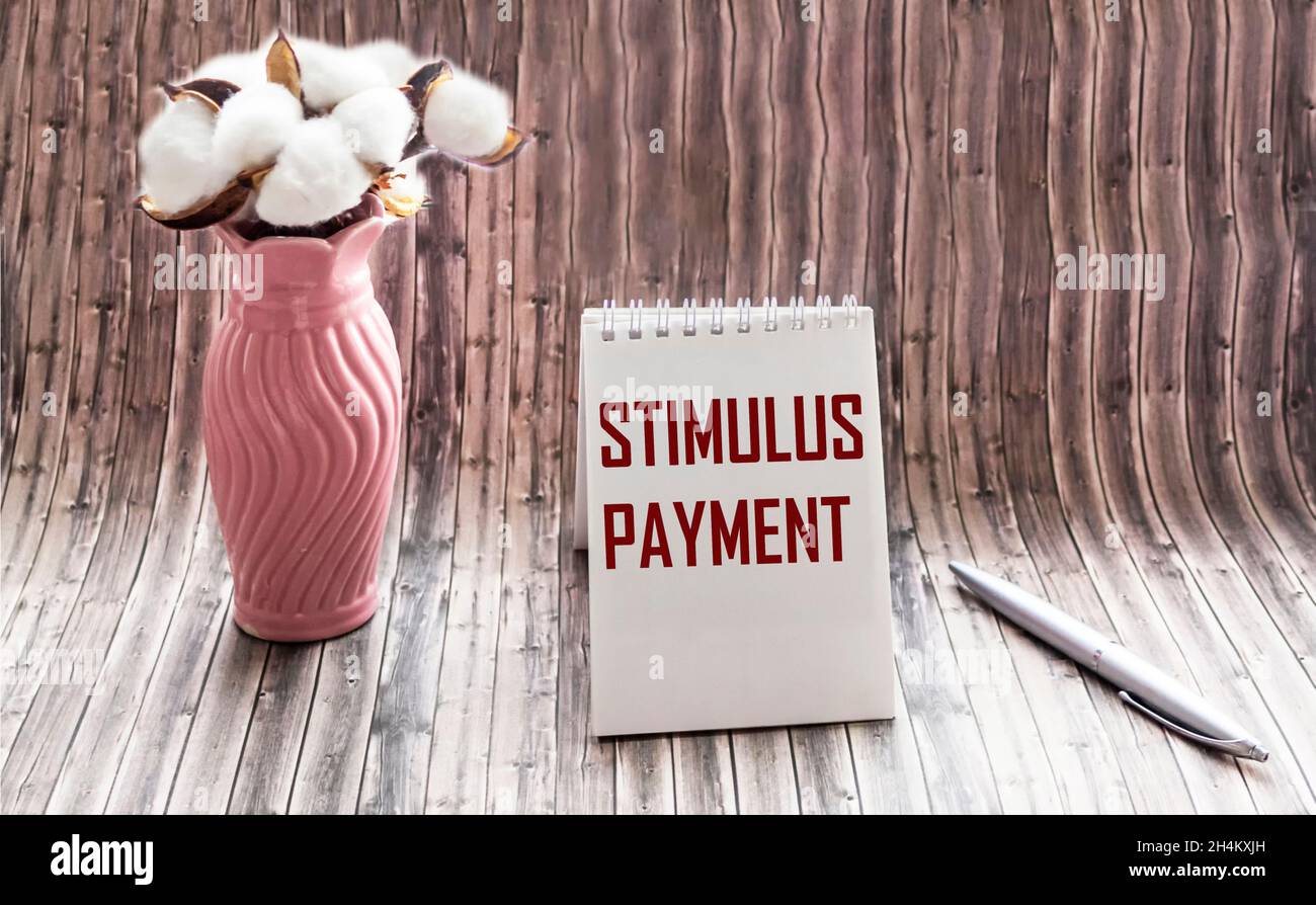 L'incentivo pagamento Stimulus è scritto in un blocco note su un tavolo di legno accanto a un vaso con un fiore di cotone in caratteri vintage Foto Stock