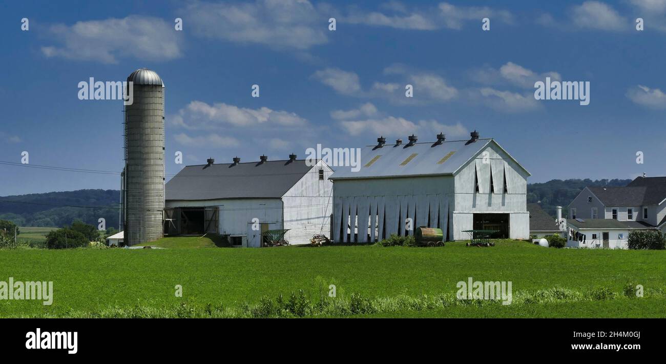 Un Barn Amish e Silo in campagna come visto in una bella giornata di sole Foto Stock