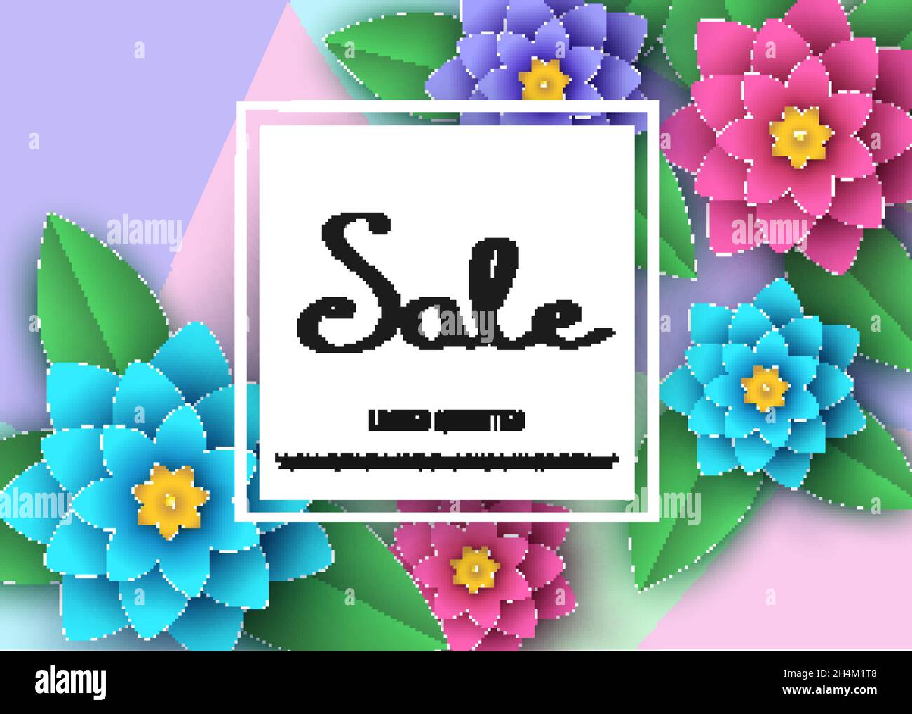 Banner sconto primavera o estate con fiori bellissimi. Sfondo alla moda floreale colorato. Carta vettoriale elementi grafici di disegno per pr Illustrazione Vettoriale