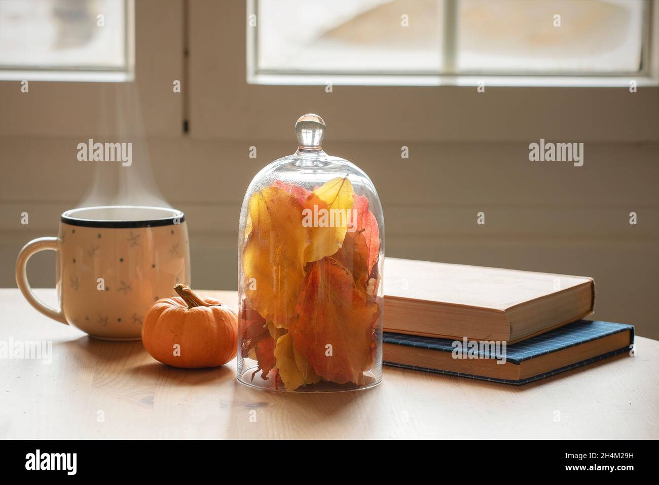 Tavolo con libri, tazza di caffè o tè con decorazione autunnale, foglie colorate e mini zucca. Lettura di libri a casa, accogliente, atmosfera pigra. Foto Stock