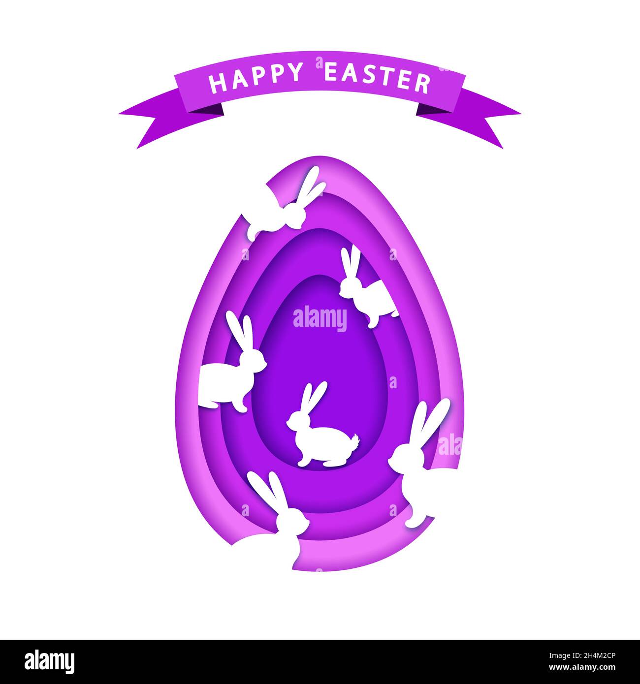 Buon sfondo pasquale con uova ultra violacee e coniglietto. Poster vettoriale a disegno piatto, modello di biglietto d'auguri. Illustrazione Vettoriale