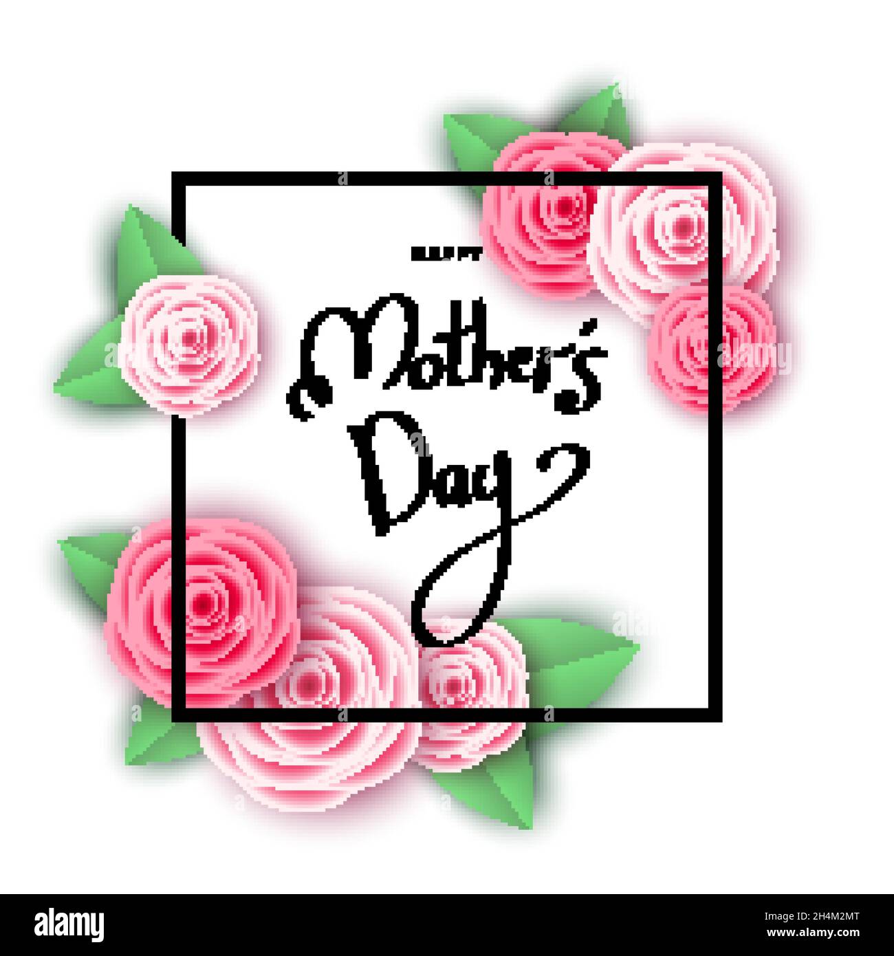 Felice sfondo del giorno della madre con rose rosa, quadrato, scritta. Fiori per striscioni, poster, sconto voucher, modello di pubblicità di vendita. FL Illustrazione Vettoriale
