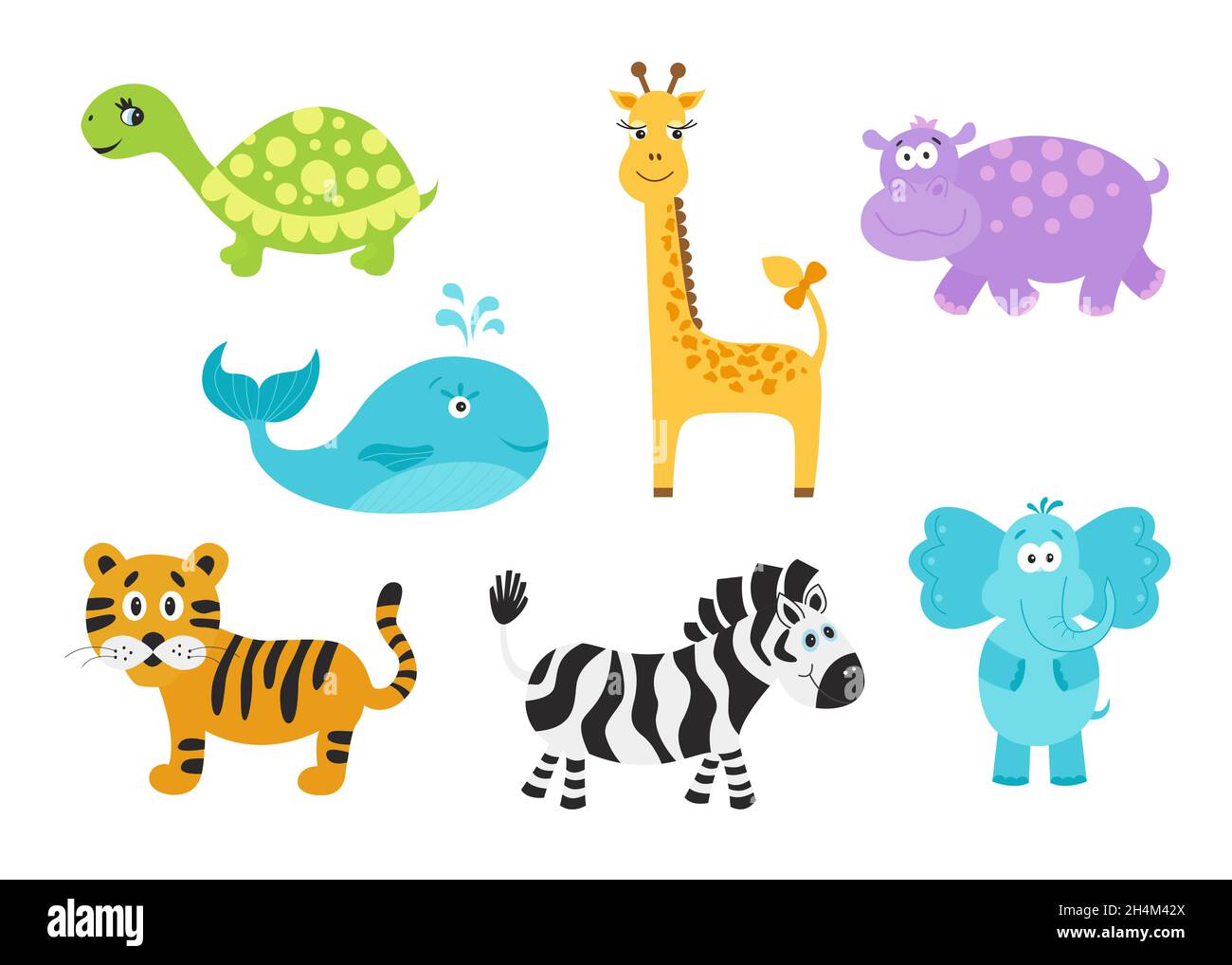 Set di animaletti carini per i prodotti per bambini. Giraffa, elefante, ippopotamo, tartaruga; tigre; zebra; balena in stile piatto. Icone divertenti. Illustrazione vettoriale i Illustrazione Vettoriale
