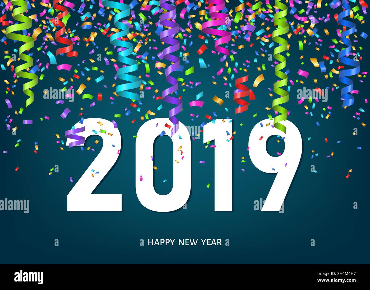 Biglietto di auguri per l'anno nuovo 2019 su sfondo blu con confetti e nastri colorati. Illustrazione vettoriale. Illustrazione Vettoriale