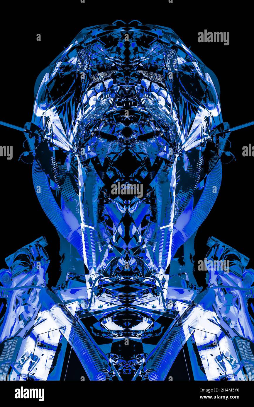 Astratto male scuro Robot testa in un tono blu Foto Stock