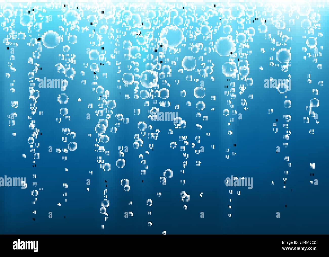 Aria frizzante subacquea, acqua o bolle di ossigeno su sfondo blu. Scintille frizzanti in mare, acquario. Fizz. Tessuto vettoriale sottomarino con raggi solari Illustrazione Vettoriale
